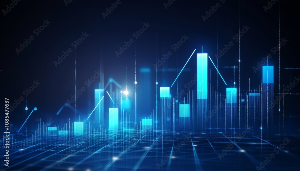 Abstract 3D Chart Growth and Success in a Technological Blue Landscape with Glowing Grid Abstract 3D Chart Growth and Success in a Technological Blue Landscape with Glowing Grid