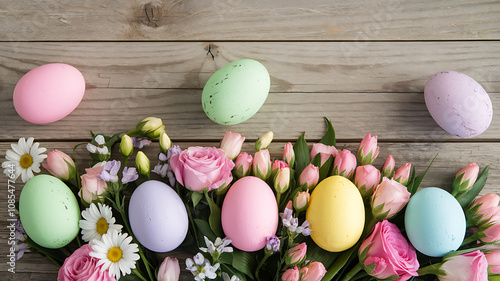 Wallpaper Mural A wooden table with a white tablecloth, colorful Easter eggs, and vibrant spring flowers like daffodils and tulips with soft lighting and copy space. Torontodigital.ca