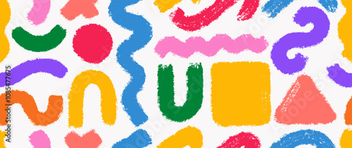 Seamless pattern geometric charcoal thick wavy lines, circle in childish style. Retro strokes for print, collage. Naive style waves, brushes curve. Vector Seamless pattern bold grunge shapes.