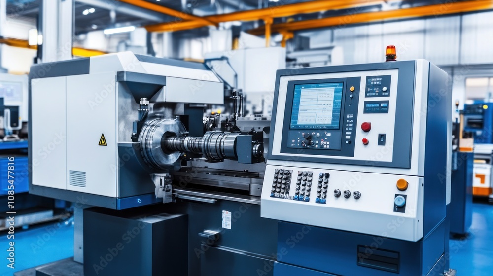 A modern CNC lathe machine in an industrial setting for precision engineering. A modern CNC lathe machine in an industrial setting for precision engineering.