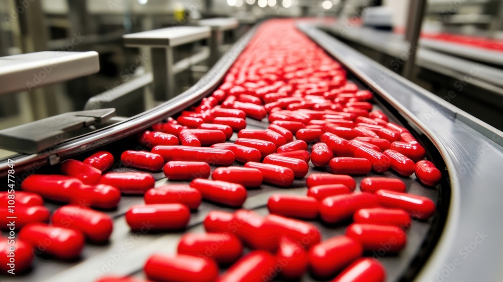 Obraz premium Red capsules moving on a conveyor belt in a pharmaceutical production facility.