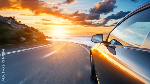 A car traveling down a deserted coastal road