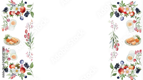 Watercolor breakfast frame on white background. Hand painted illustration for your design