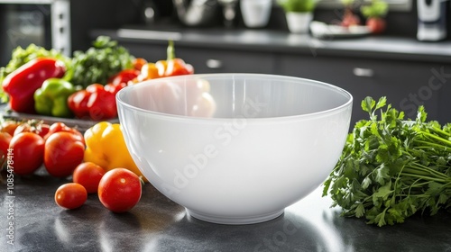 A white bowl surrounded by fresh vegetables on a kitchen countertop.