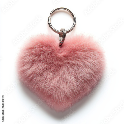 Fluffy pink heart keychain with silver ring, perfect for accessories