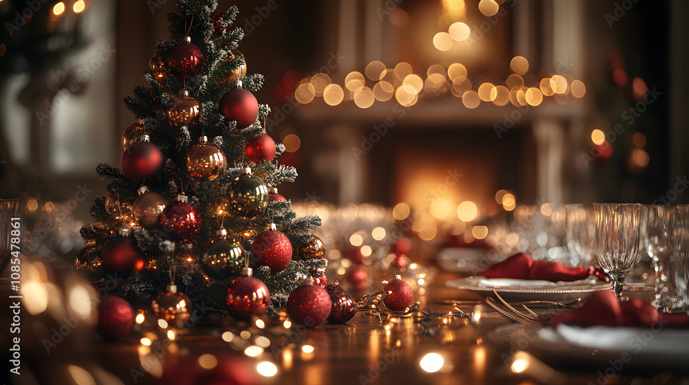 A small Christmas tree decorated with red and green ornaments, surrounded by festive lights and a warm holiday glow.
A small Christmas tree decorated with red and green ornaments, surrounded by festive lights and a warm holiday glow.