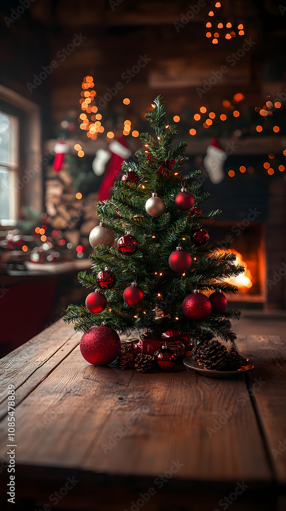 A small Christmas tree decorated with red and green ornaments, surrounded by festive lights and a warm holiday glow.
A small Christmas tree decorated with red and green ornaments, surrounded by festive lights and a warm holiday glow.
