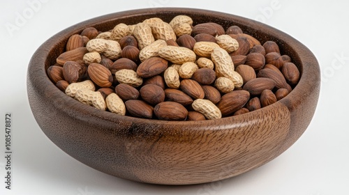 A wooden bowl filled with assorted nuts, showcasing a variety of textures and colors.