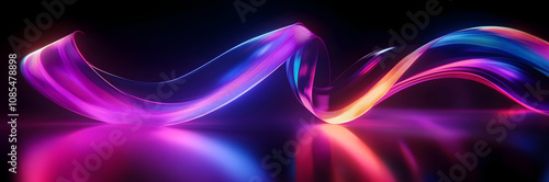 3d render. Abstract background of neon ribbon. Fluorescent ines glowing in the dark room with floor reflection. Fantastic panoramic wallpaper. Digital data transfer. Energy concept