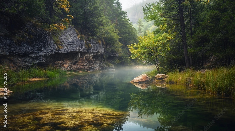 Obraz premium A serene natural landscape featuring the calm waters of Quarry Creek, surrounded by lush greenery and mist-covered cliffs in France's nature park