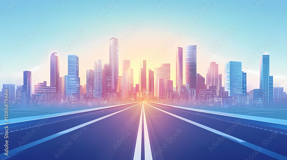 Dynamic urban skyline with infinite road concept modern cityscape futuristic environment artistic viewpoint. Infinite. Illustration Dynamic urban skyline with infinite road concept modern cityscape futuristic environment artistic viewpoint. Infinite. Illustration