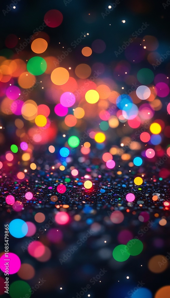 Naklejka premium Abstract Festive Background of Defocused Colorful Bokeh Lights, Glitter, and Sparkling Particles