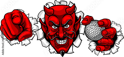 A devil man holding golf ball, breaking through the background and pointing sports team mascot illustration.