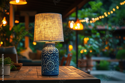 Patio Table with Blue Ceramic Lamp for Elegant Outdoor Dining Under String Lights