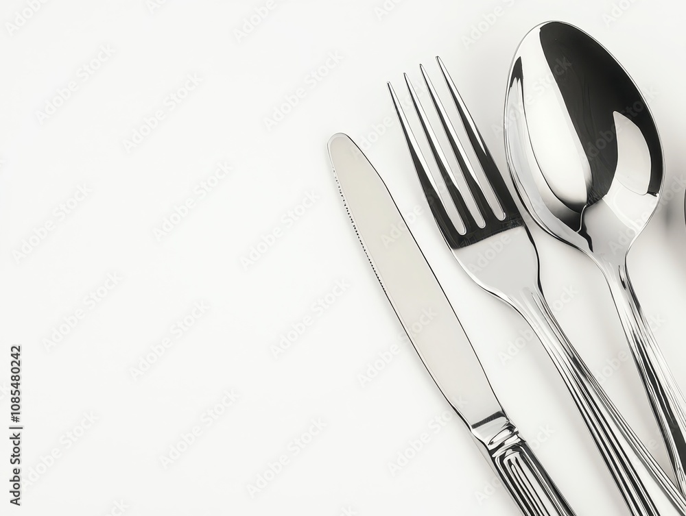 Close-Up of Stainless Steel Fork, Knife, and Spoon on White Background, Perfect for Dining and Tableware Concepts Close-Up of Stainless Steel Fork, Knife, and Spoon on White Background, Perfect for Dining and Tableware Concepts