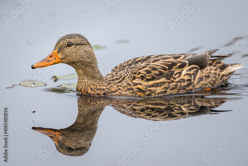 Mallard duck female swimming with reflection on water photo