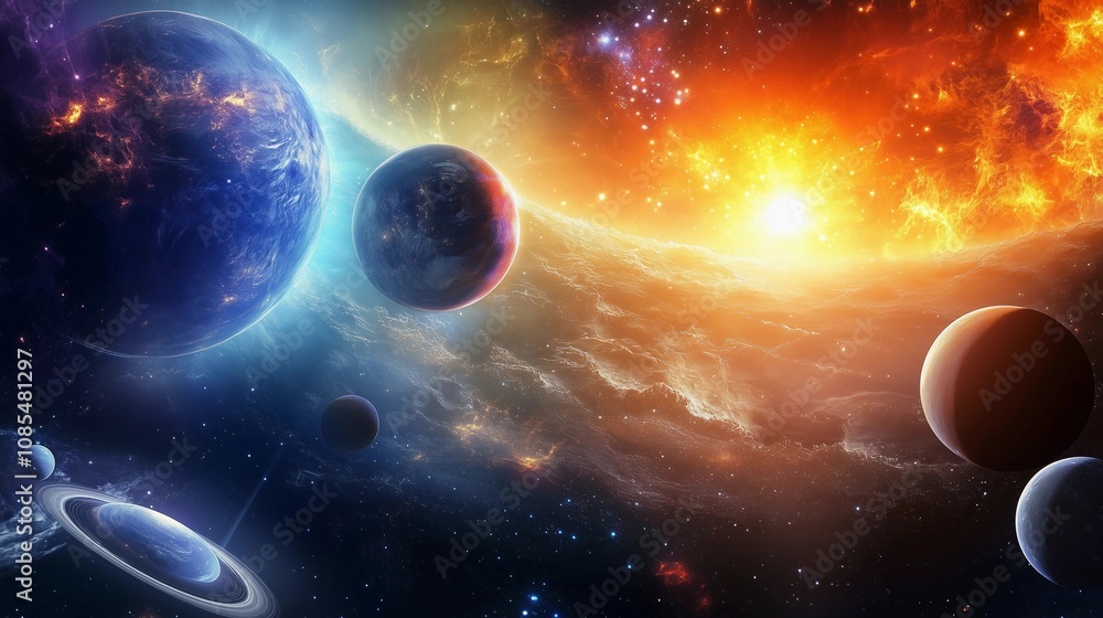 Obraz premium Fantasy illustration of multiple planets and stars in space, with bright light coming from the sun on one side of the picture. The planets have blue and orange colors