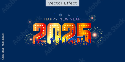 Happy New year 2025 Logo with silhouette of people dancing cheering, party, fireworks, fun activity, and celebration night background.