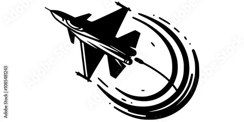 A vector illustration of a fighter jet performing an aerial maneuver, with a smoke trail forming a loop in the sky