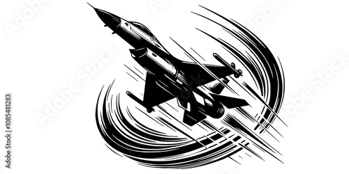 A fighter jet performing a barrel roll, with motion lines and a trail of smoke in the vector image