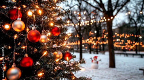 Wallpaper Mural Winter Wonderland Celebration Christmas Tree Lights Park Holiday Event Snowy Evening Festive Atmosphere Joyful Gathering Torontodigital.ca