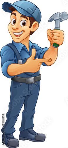 A cartoon mascot man handyman or carpenter holding a hammer tool and pointing