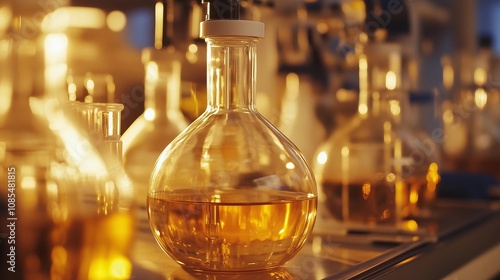  A close-up of an organic whisky distillery lab, with glass vials filled with golden liquid and the warm glow from glowing lamps in the background. The focus is on one photo