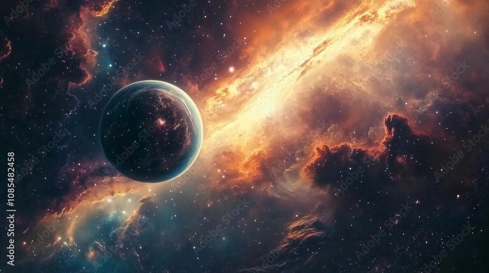 Obraz premium a space scene with a planet in the center, surrounded by a nebula and stars. The planet is a dark blue-gray color
