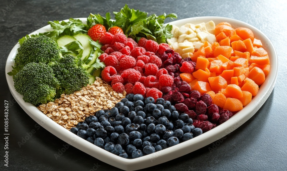 A vibrant photo showcasing a heartshaped bowl filled with nutritious diet foods, including fresh fruits, vegetables, and whole grains, promoting heart health and cardiovascular wellness A vibrant photo showcasing a heartshaped bowl filled with nutritious diet foods, including fresh fruits, vegetables, and whole grains, promoting heart health and cardiovascular wellness