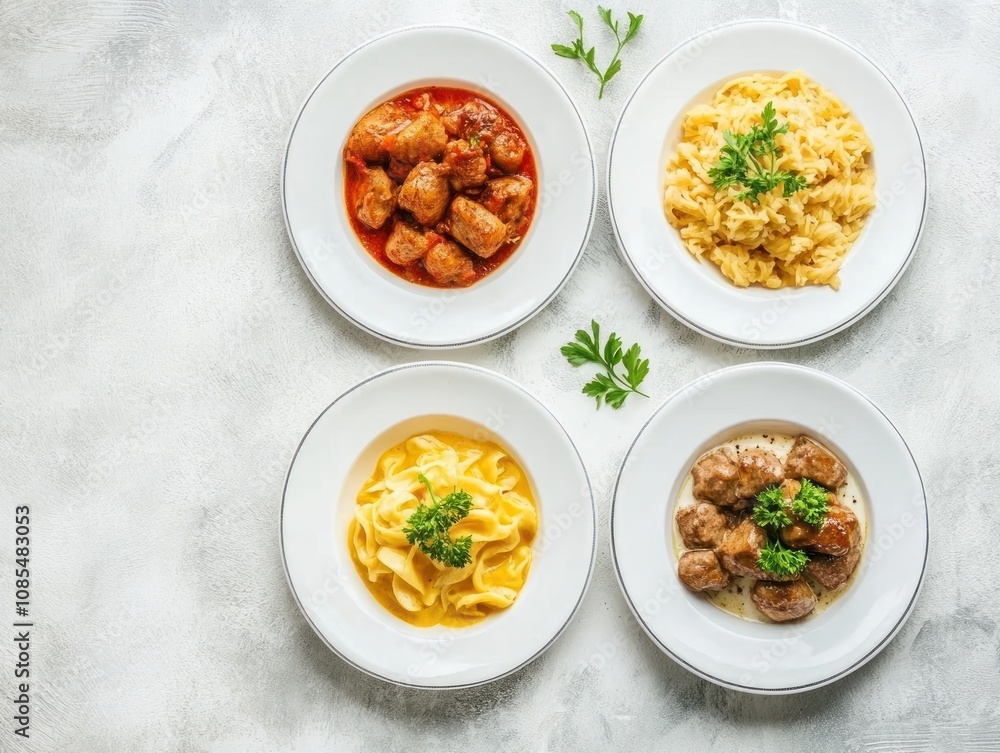 Four plates of different pasta dishes garnished with herbs on a textured surface. Four plates of different pasta dishes garnished with herbs on a textured surface.