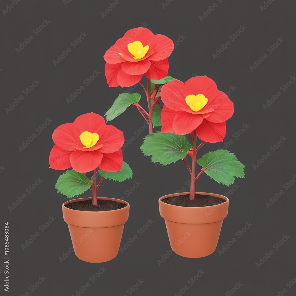 Three potted red begonias with yellow centers, vibrant and lively in terracotta pots against a dark background. A simple yet elegant botanical composition. Three potted red begonias with yellow centers, vibrant and lively in terracotta pots against a dark background. A simple yet elegant botanical composition.
