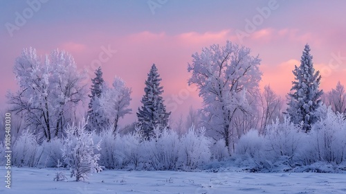 Frost-Covered Trees at Pink Dawn