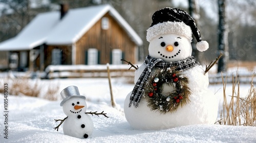 Winter Snowmen Creating Joyful Memories Wooden Cabin Outdoor Scene Snowy Landscape Warm Family Moments Seasonal Fun