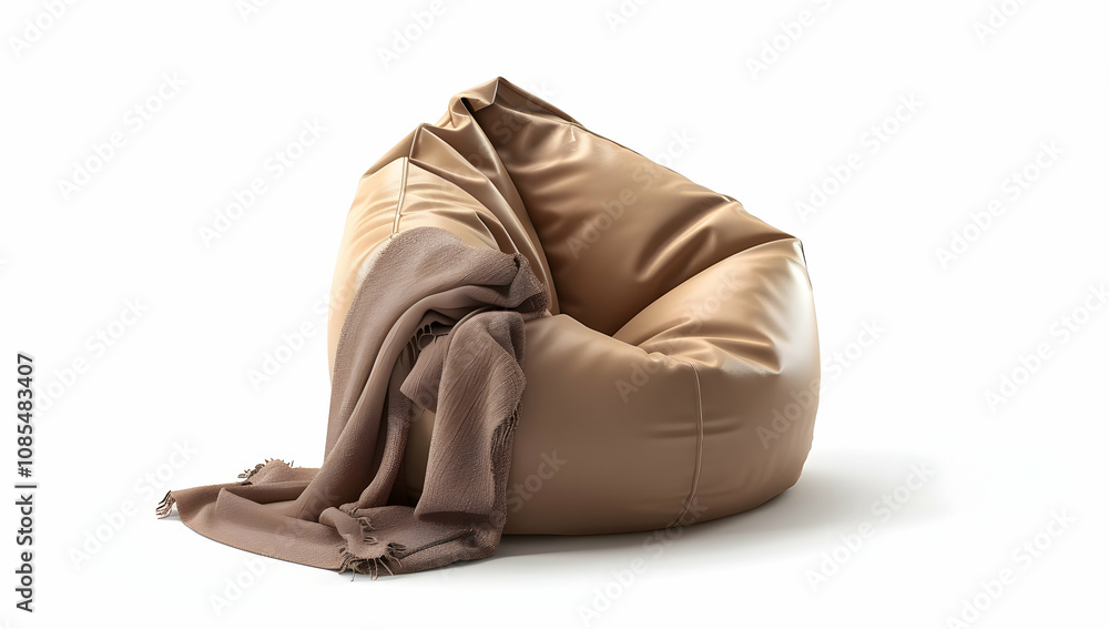 Beige leather bean bag chair with a brown blanket, isolated on a white background Beige leather bean bag chair with a brown blanket, isolated on a white background