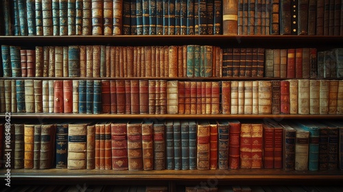 A Vintage Library filled with Antique Leather-Bound Books and Timeless Literature on Wooden Shelves in a Cozy Reading Nook Setting