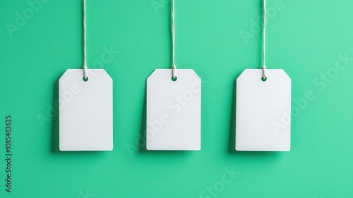 Three blank price tags hanging against a vibrant green background, presenting a clean and minimalistic design.