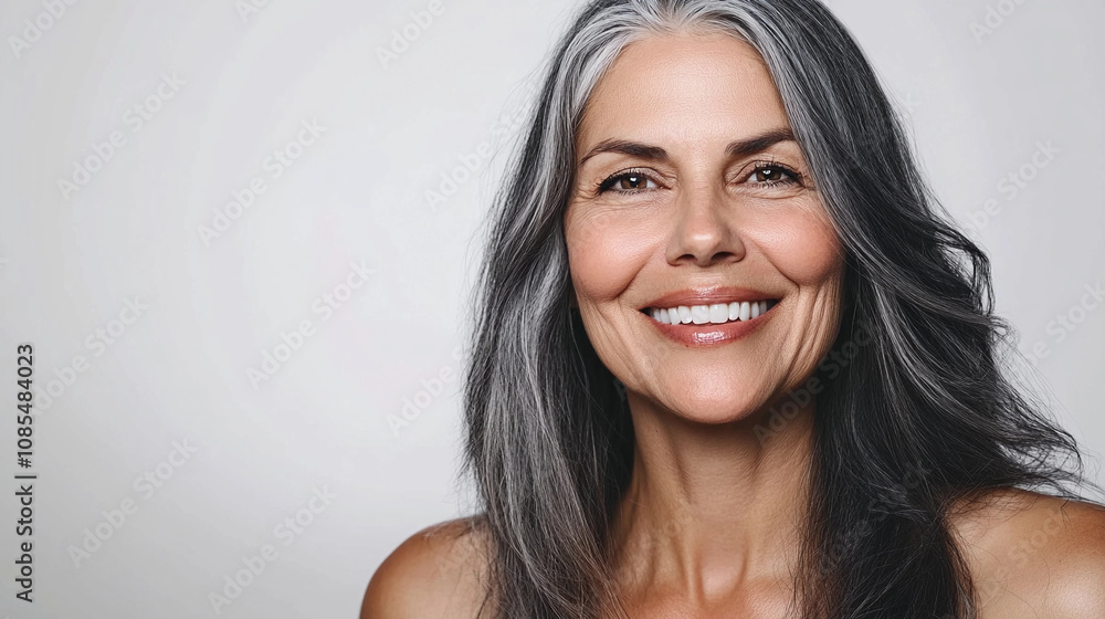 Smiling woman with long gray hair in a bright setting Smiling woman with long gray hair in a bright setting