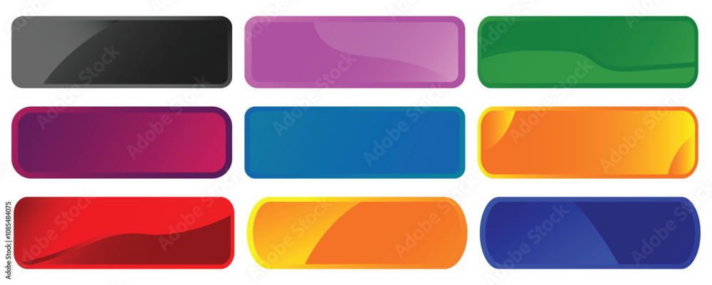Set of Glossy rectangle buttons sign for web, 3d click button icons. Emblem Badge, Game button illustration. Vector empty web ui button collection. Set of Glossy rectangle buttons sign for web, 3d click button icons. Emblem Badge, Game button illustration. Vector empty web ui button collection.