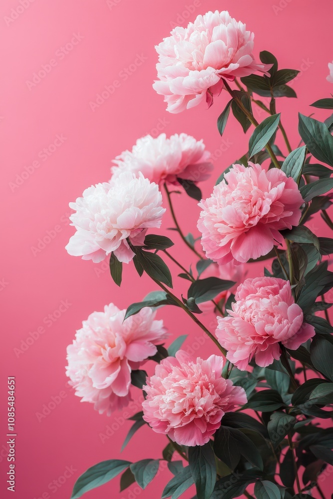 Delicate pink peonies bloom gracefully against a vibrant pink backdrop in bright afternoon light Delicate pink peonies bloom gracefully against a vibrant pink backdrop in bright afternoon light