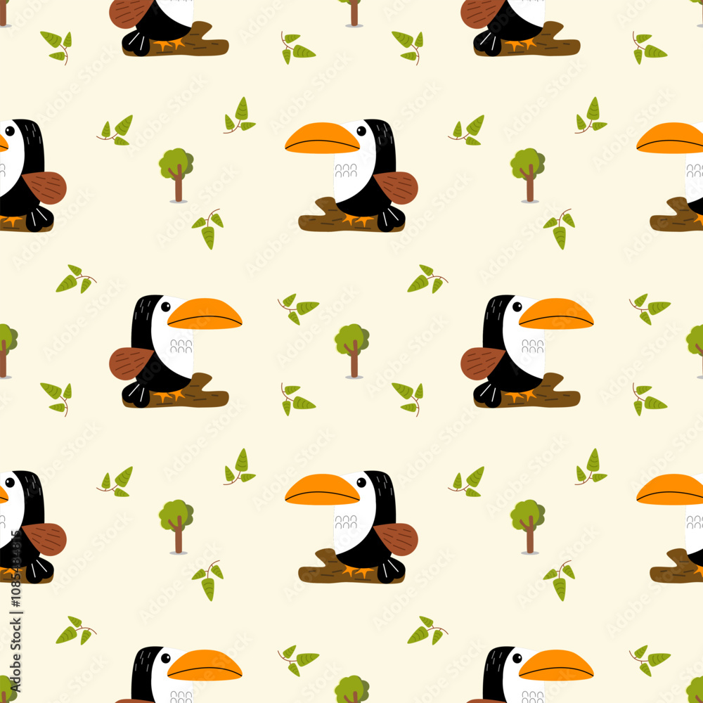 Hornbill cartoon so cute. On tree leaf background. Pattern seamless vector illustration.
Hornbill cartoon so cute. On tree leaf background. Pattern seamless vector illustration.