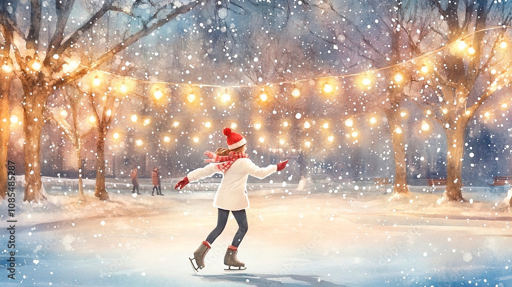 Girl in a white down jacket and a red hat with a scarf enjoys ice skating in a snow-covered park, illuminated by lights and festive garlands on winter background.Figure skating, winter sports. Girl in a white down jacket and a red hat with a scarf enjoys ice skating in a snow-covered park, illuminated by lights and festive garlands on winter background.Figure skating, winter sports.