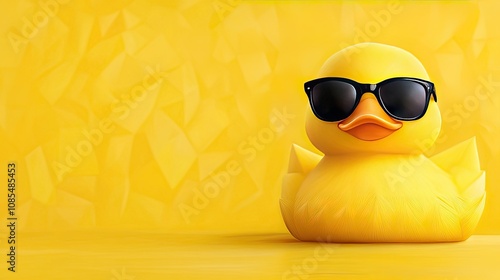 Charming yellow rubber duck wearing sunglasses displayed in elegant origami style against a solid yellow background photo