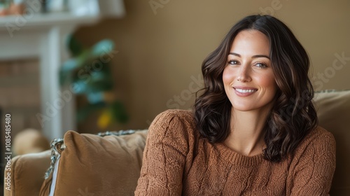 Smiling woman sitting comfortably on a couch in a cozy living room.