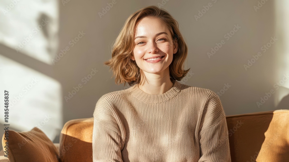 Smiling woman relaxing on a couch in cozy natural light. Smiling woman relaxing on a couch in cozy natural light.