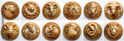 set of chinese zodiac signs thumbs in round shapes, china astrology concept 