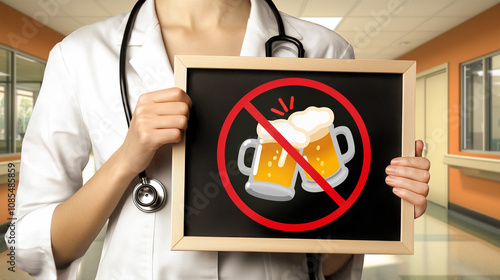 Doctor and prohibition sign against clinking beer mugs on blackboard.Healthy lifestyle,wellness and health concept. photo