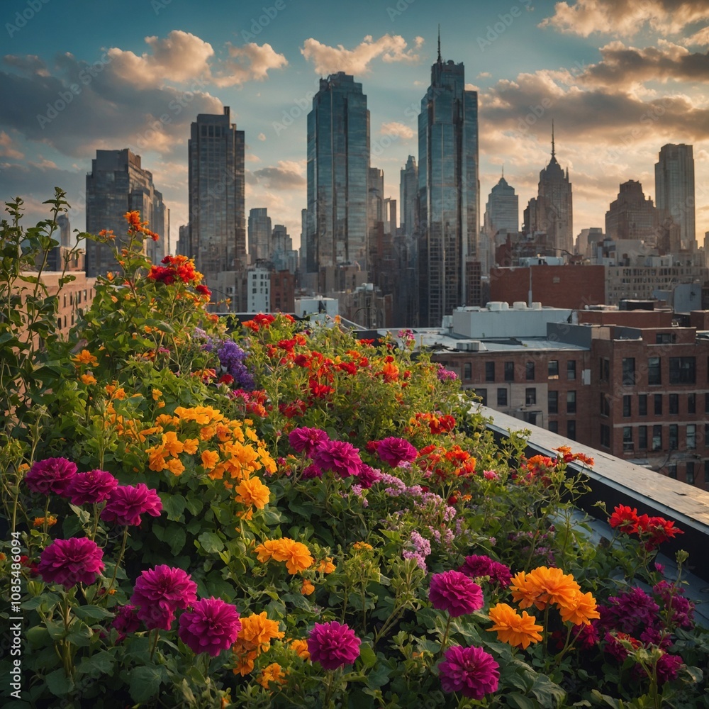 A rooftop garden with vibrant flowers and the cityscape beyond.
A rooftop garden with vibrant flowers and the cityscape beyond.