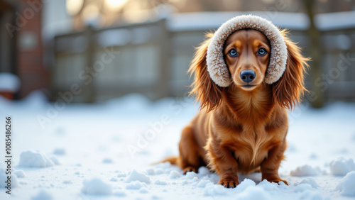 A long-haired Dachshund wearing cozy winter accessories.