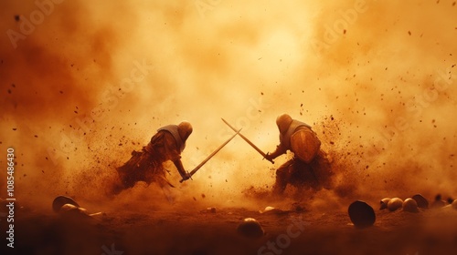 Dramatic duel between two warriors in a smoky battlefield, showcasing intense combat. photo