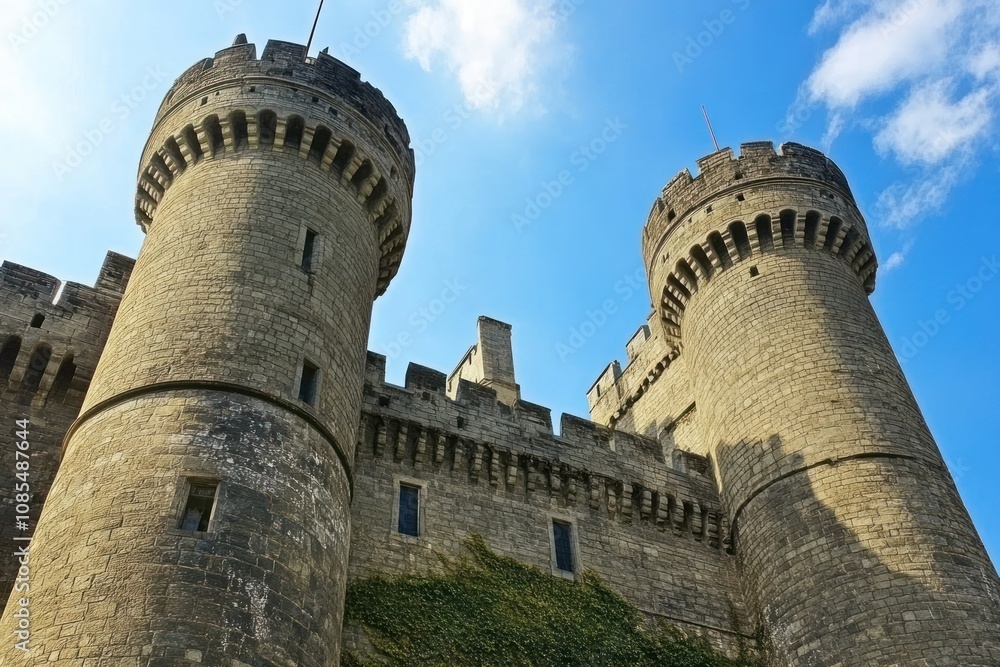 A view of a stone castle with two towers under a blue sky. A view of a stone castle with two towers under a blue sky.